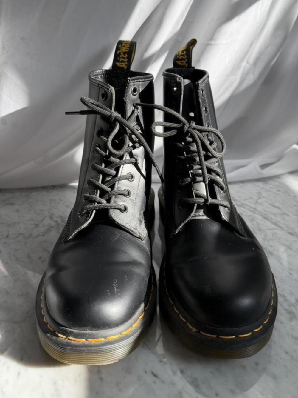 Dr. Martens Black Leather Lace-Up Boots with Yellow Stitching